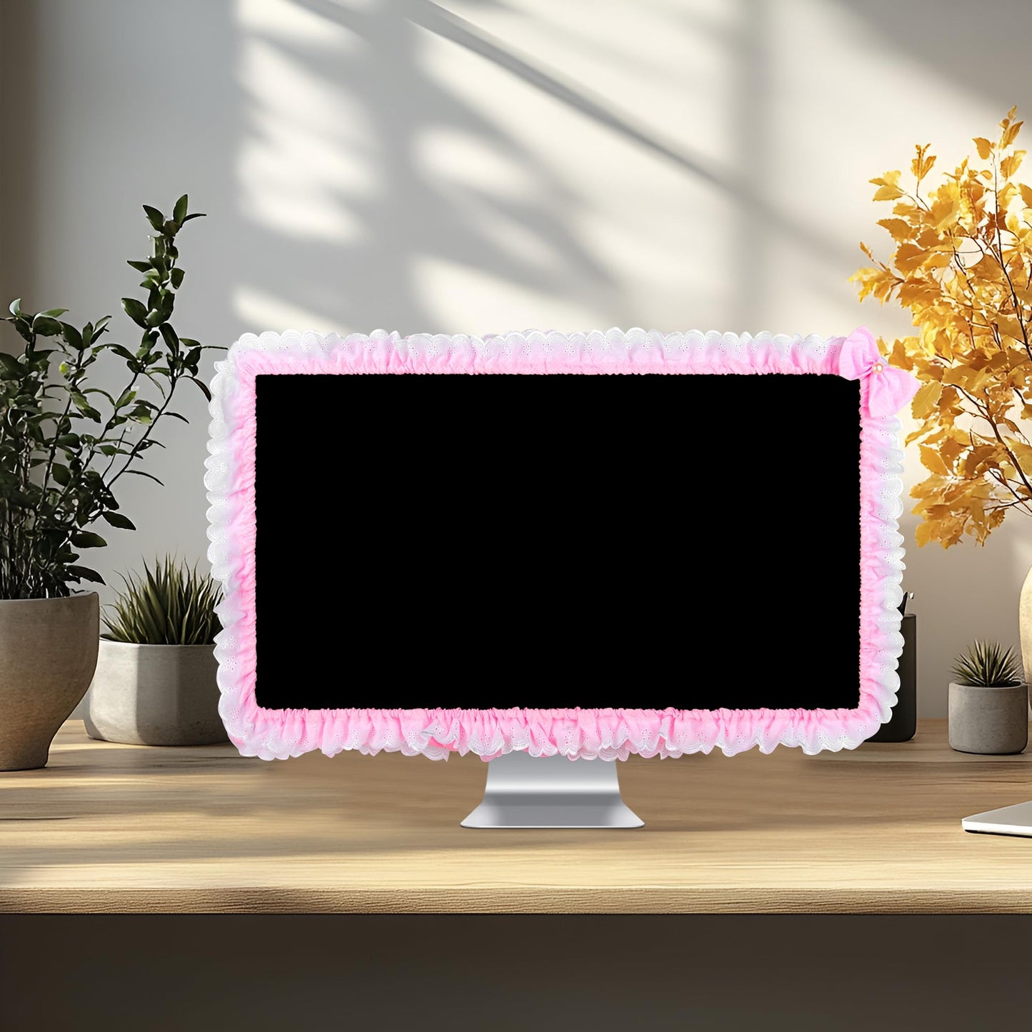 Kingshion 32"-38" Lovely Cute Computer Monitor Cover with Lovely Cute Elastic Pen Pocket Bow-knot TV LCD Screen Monitor Decoration Dust Cover