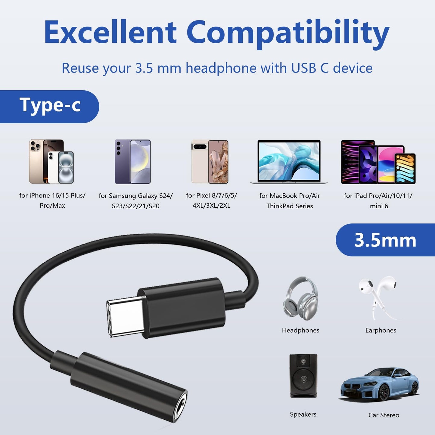 USB C to 3.5mm Headphone Jack Adapter Type C Audio Aux Cable Dongle Compatible with iPhone 16/15/15 Plus/15 Pro/15 Pro Max/iPad/Pixel, Samsung Galaxy