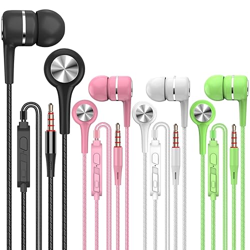 YNR 4 Pairs Wired Earbuds with Microphone & Volume Control, in Ear Earphones for School, Noise Islating High Definition, for 3.5mm Jack iPhone iPad