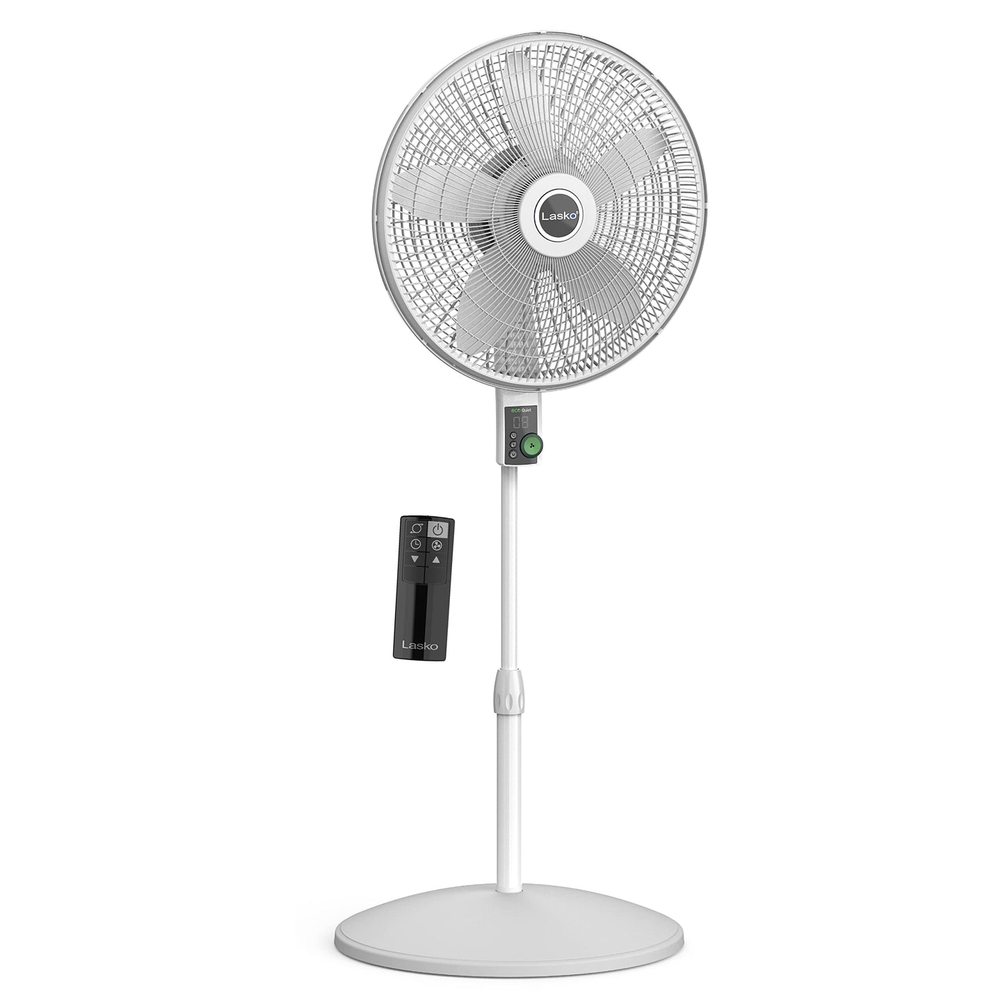 Lasko EcoQuiet Oscillating Pedestal Fan with Whisper Quiet DC Motor, 12 Speeds, 8 Hour Timer, Adjustable Height, Remote Control, White, S18705