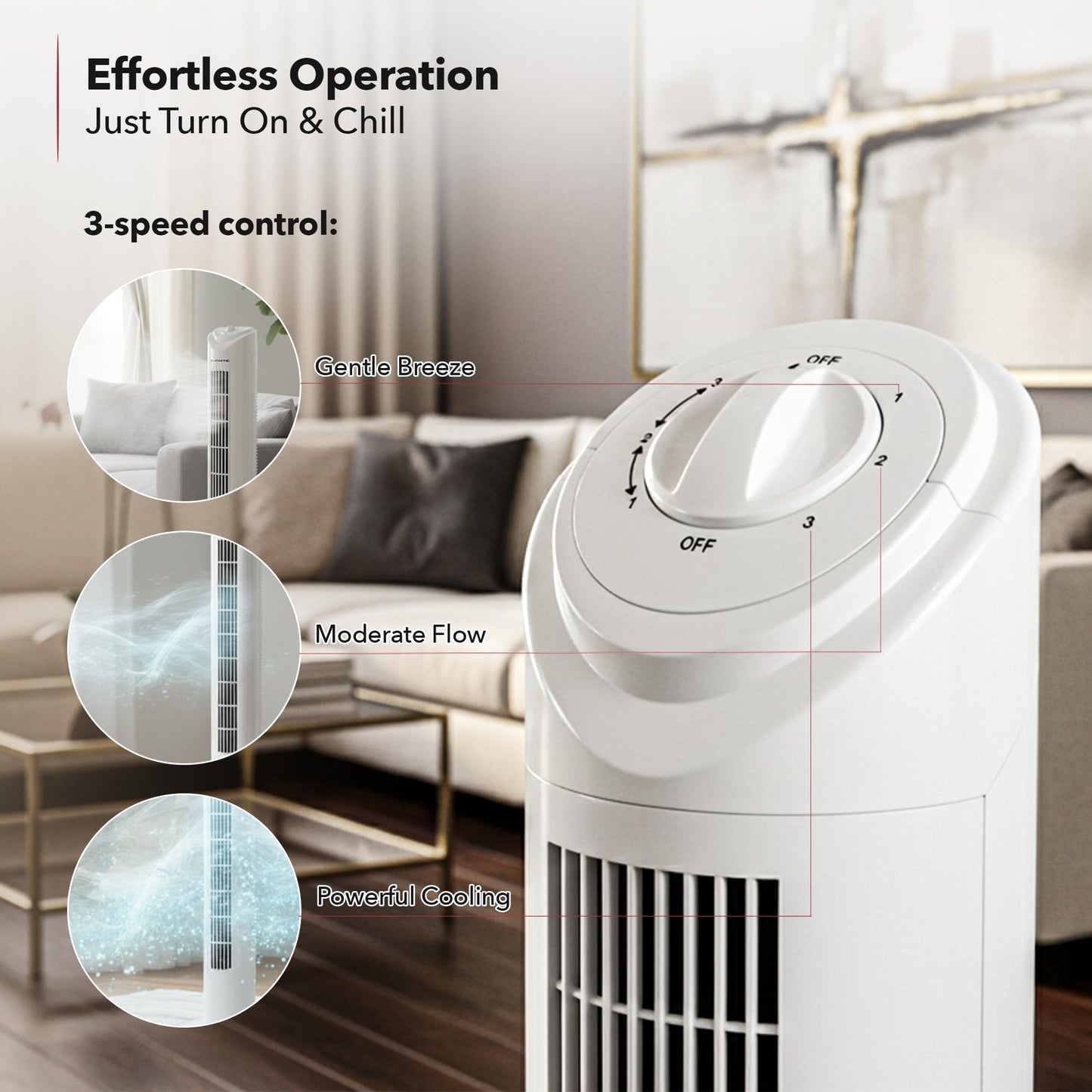 OVENTE 32" Bladeless Tower Fan,90° Oscillation, 3 Speeds, White TFO3SW