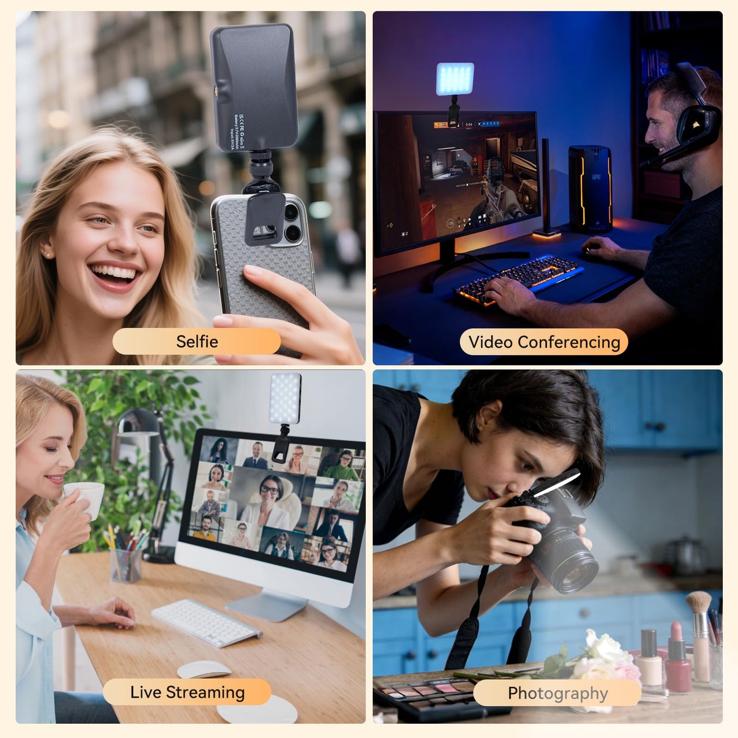 Universal Selfie Light with Power Bank 2000mAh, 96+ CRI Studio Lighting, 360° Adjustable Phone Holder & Hot Shoe Mount for Camera, 3 Temperature & RGB