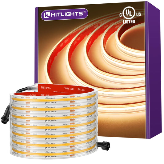 Outdoor COB LED Strip Lights Waterproof 2700K, 16.4ft IP67 24V Tape Light Warm White High Density, 2560 LEDs, 305 lm/ft, CRI 90+, Lighting