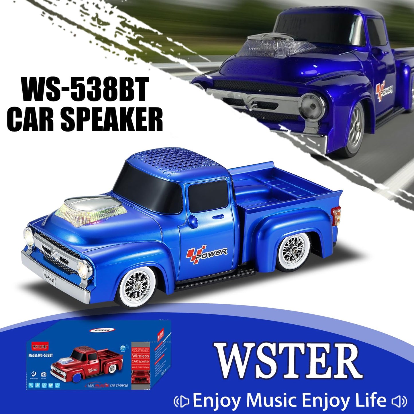 WSTER WS-538 Retro Pickup Truck Bluetooth Replica Speaker - Portable Wireless Car Model Speaker with FM, TWS, LED Party Lights, USB/TF Playback