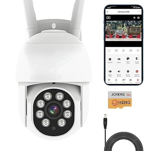 JCHENG 4MP Outdoor Security Camera Motion Tracking| PTZ and Night Vision | Remote Control | 32GB SD Card Included |Alexa and Google Home Compatible |