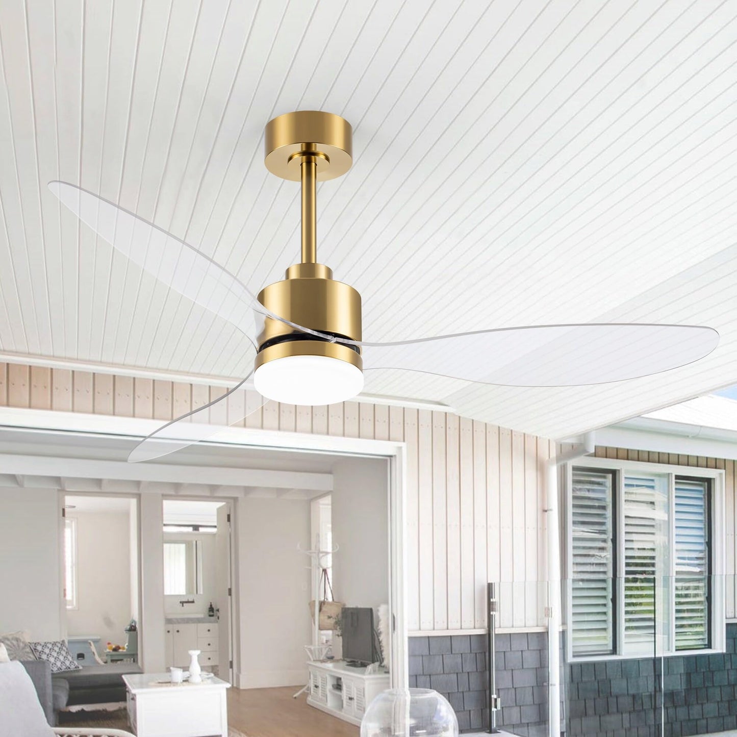 Breezary 52 Inch LED Ceiling Fan with Lights Remote(3-Blade) Gold Body+Clear Blade