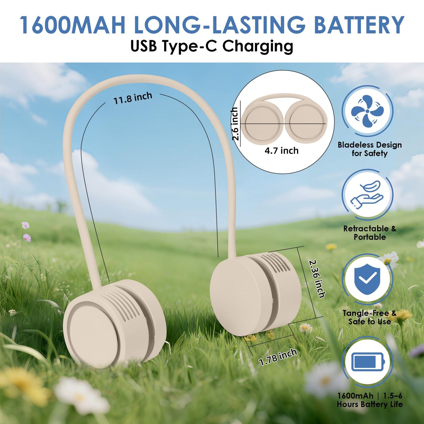 ZEMIRO CHARGE Neck Fan, Portable Bladeless Wearable Fan with 360° Airflow, 3 Speeds, 1600mAh Rechargeable Battery, Quiet Foldable USB Personal Fan