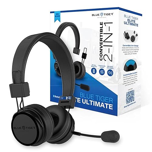 Blue Tiger Premium Elite Ultimate Single and Dual Ear 2-in-1 Bluetooth Headset - Professional Noise Cancellation Head Set with Microphone - USB-C…