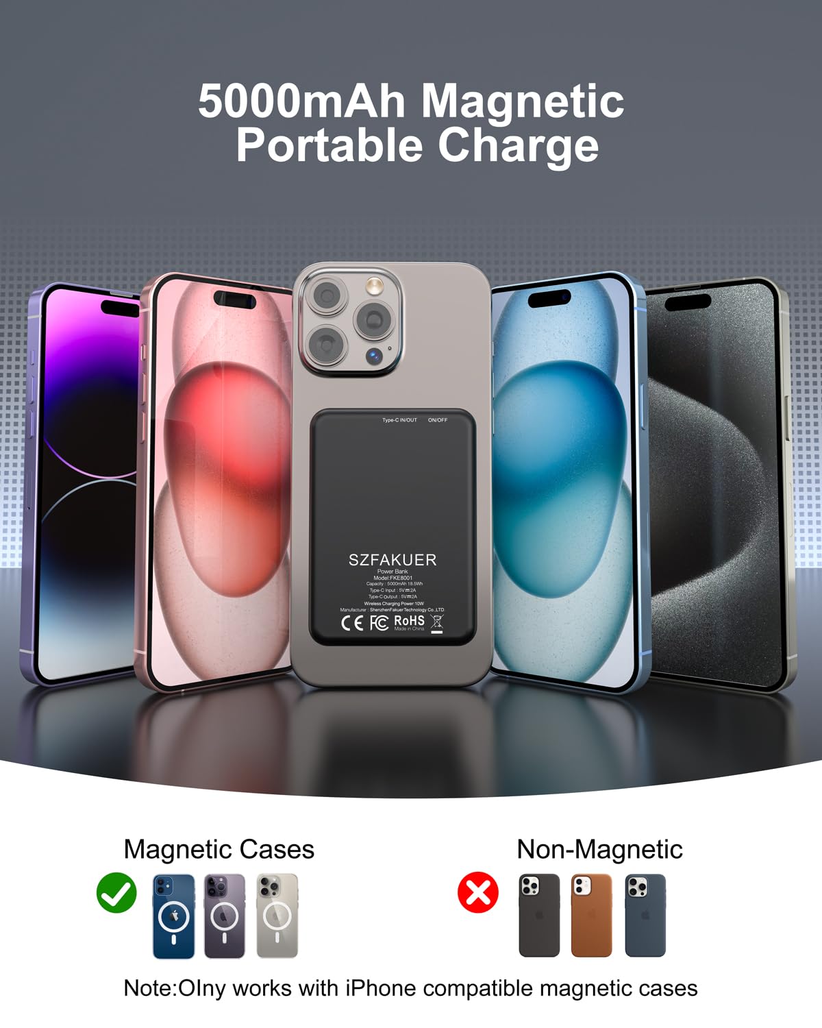 Szfakuer 5000mAh Magnetic Portable Charger, Ultra Slim Magnetic Power Bank with USB-C Cable Compatible with iPhone 17/16/15/14/13/12 Series