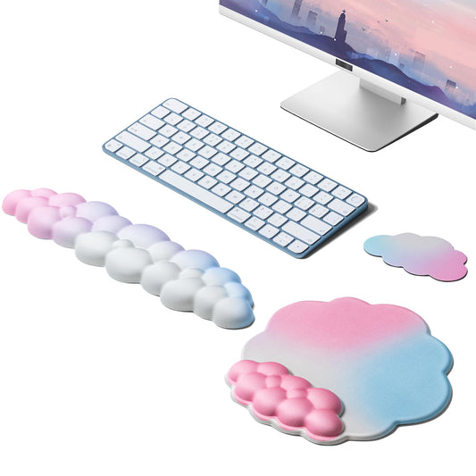 OUEST Cloud Wrist Rest Keyboard and Mouse Pad with Cute Ergonomic Memory Foam Non-Slip PU Base for Computer Mac Laptop Office Gaming-Orange/Blue/Pink