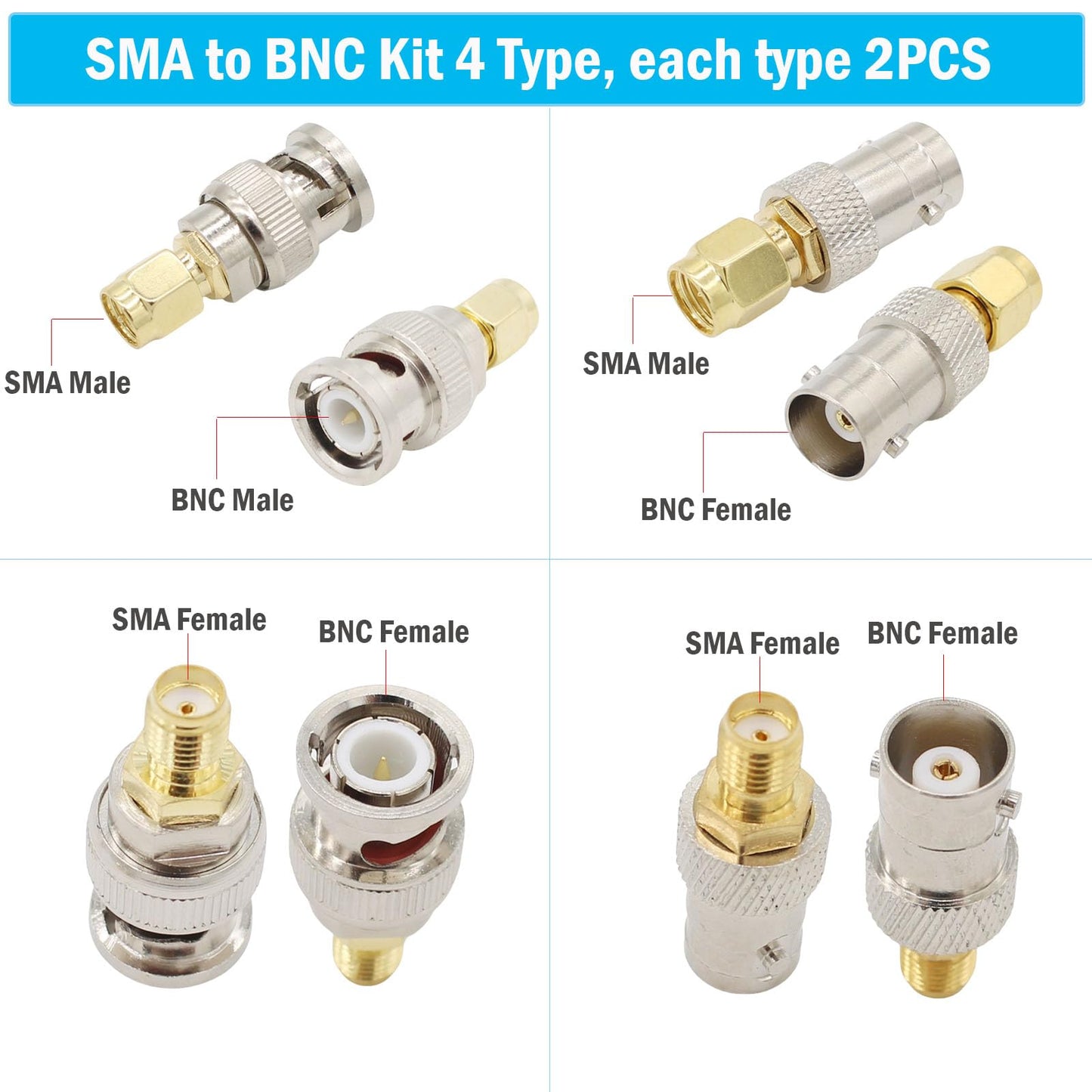 exgoofit SMA to BNC Kits Adapter Male Female 2 Set 8pcs RF Coax Coaxial Connector
