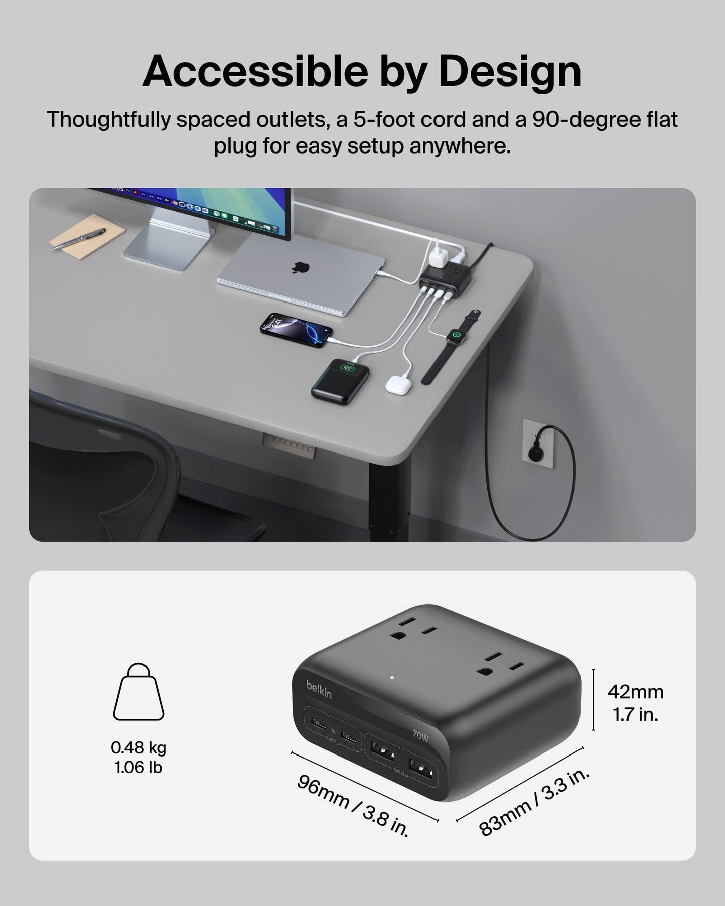Belkin GaN Charging Station 70W, 7-in-1 Dual USB C Charger w/ 3x AC Outlets, 2x USB A Ports, Power Strip, iPhone Charger Fast Charging, Apple Watch
