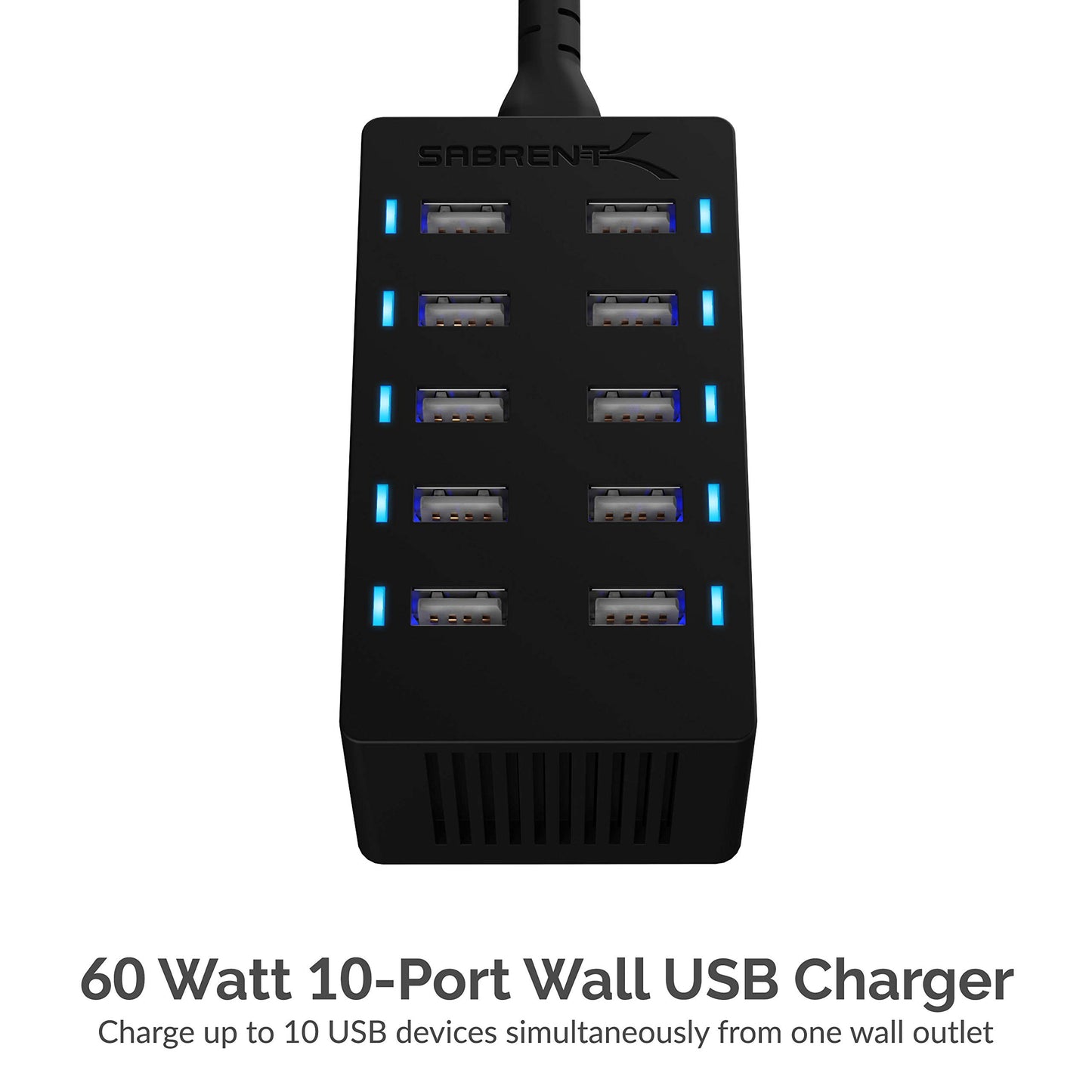 Sabrent 60 Watt (12 Amp) 10-Port [UL Certified] Family-Sized Desktop USB Rapid Charger. Smart USB Ports with Auto Detect Technology [Black] (AX-TPCS)