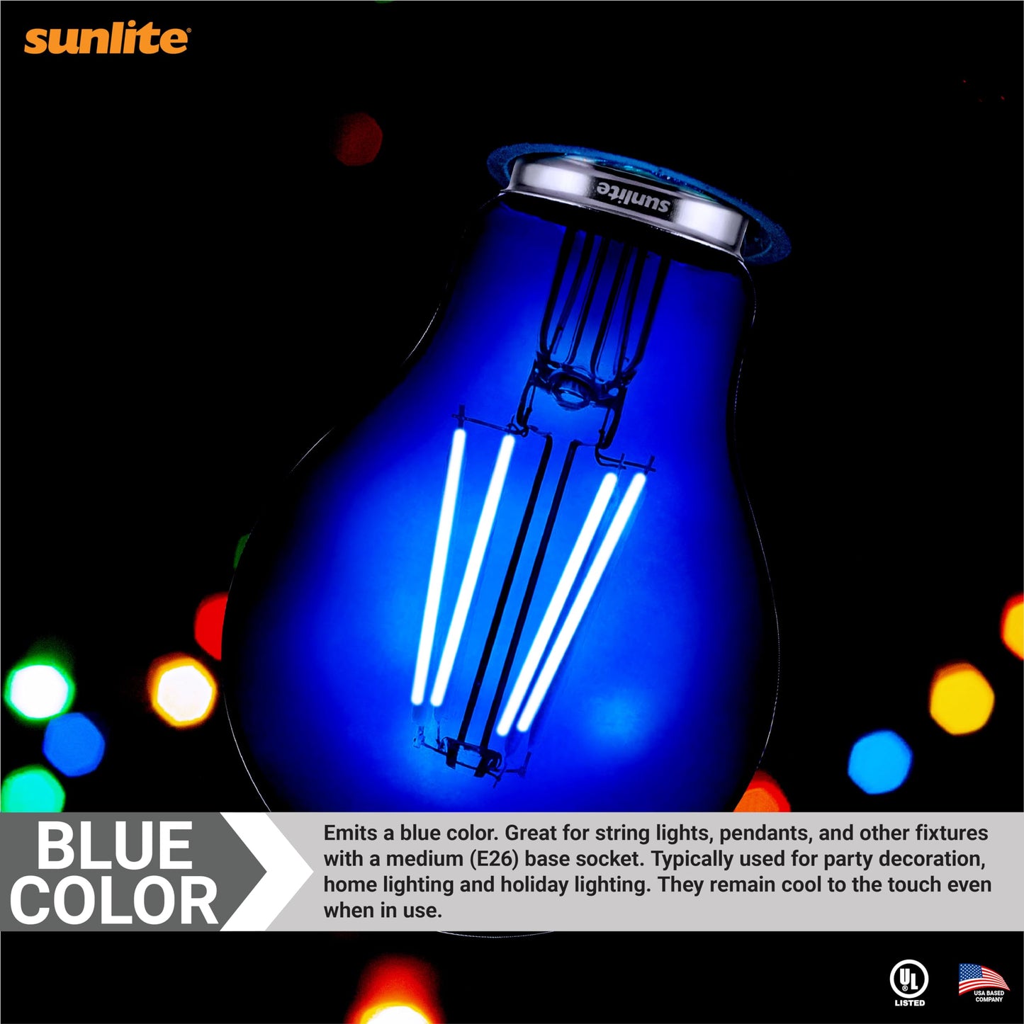 Sunlite 40940 LED Colored Filament A19 Light Bulb, 4.5 Watts, Medium E26 Base, 120 Volts, Transparent Blue, Dimmable, 320 Degree Beam Angle, UL