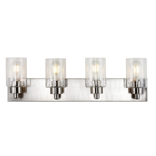 JONATHAN Y 27.75" Nickel 4-Light Modern LED Vanity Light for Bathroom Mirror, Mid-Century Wall Sconce with Clear Seeded Glass Shades, Contemporary