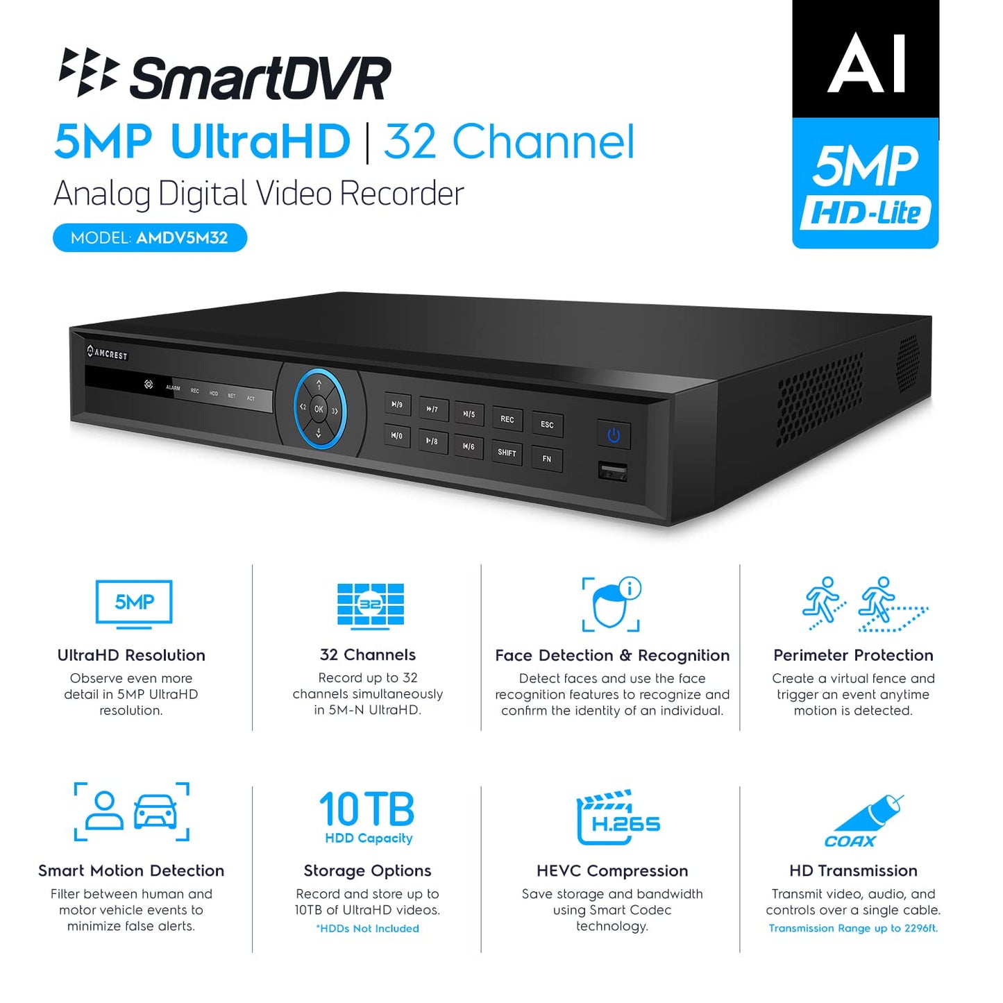 Amcrest 5MP UltraHD 32 Channel DVR Security Camera System Recorder, 5MP Security DVR for Analog Security Cameras, Remote Smartphone Access, HDD