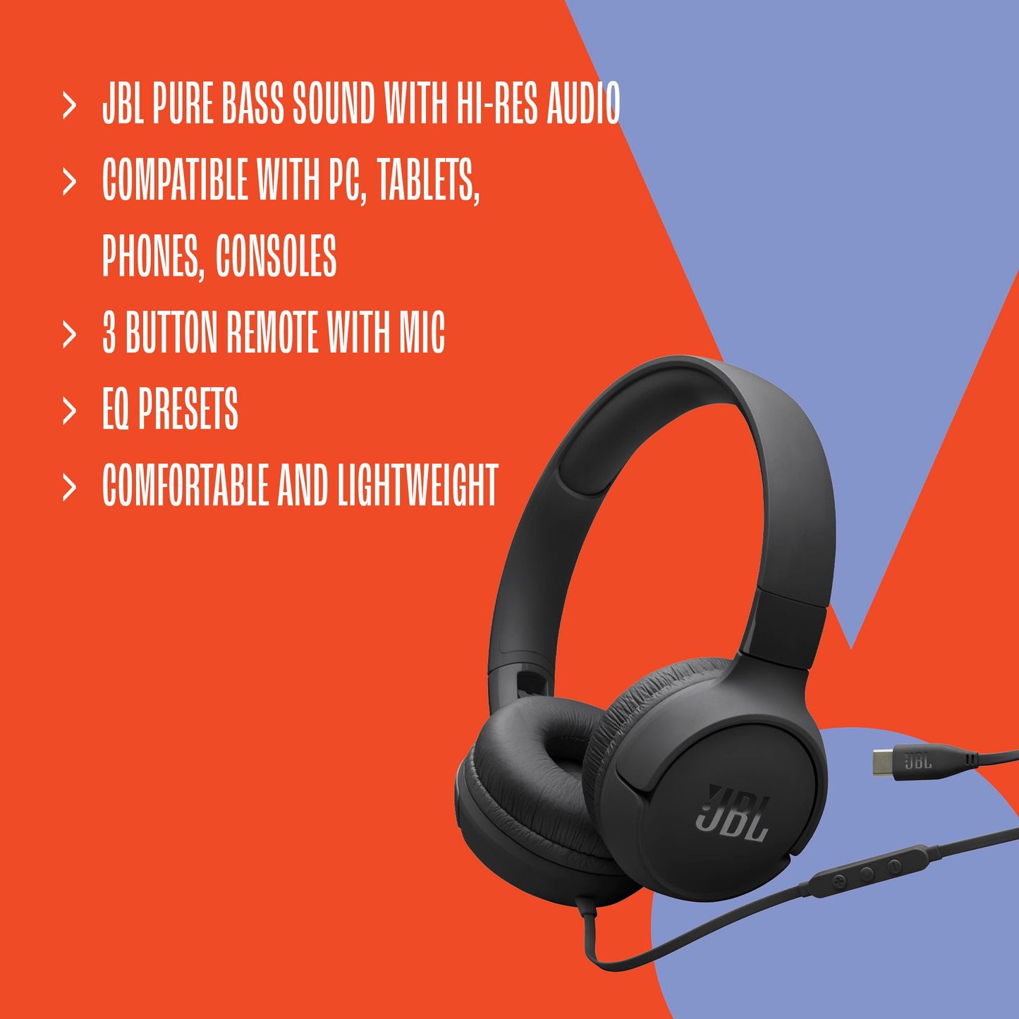 JBL Tune 520C - USB-C Wired on-Ear Headphones with Hi-Res Audio Support, JBL Pure Bass Sound, Comfort fit, USB-C connectivity, 3-Button Remote…
