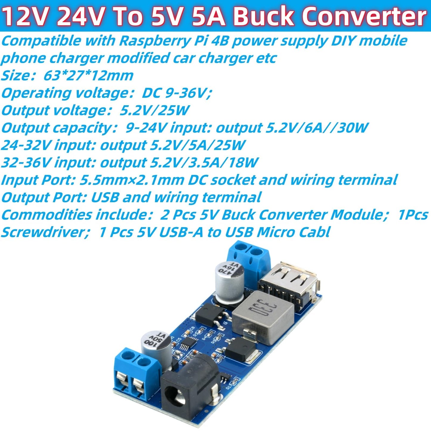 MTDELE 2Pcs 5V Buck Converter 5A DC 9V 12V 24V to DC 5V 9-36V to USB 5V Transformer Dual Output Voltage Regulator Board Module