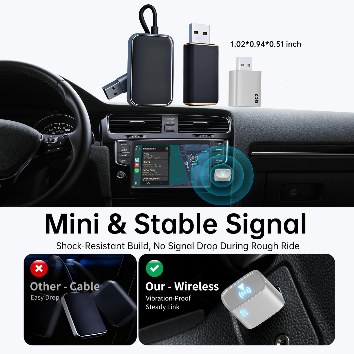 CNDPSTE Wireless CarPlay Adapter for iPhone - Stable Connection Plug & Play Convert Wired to Wireless for iOS 10+ and Cars from 2016 USB A/USB C
