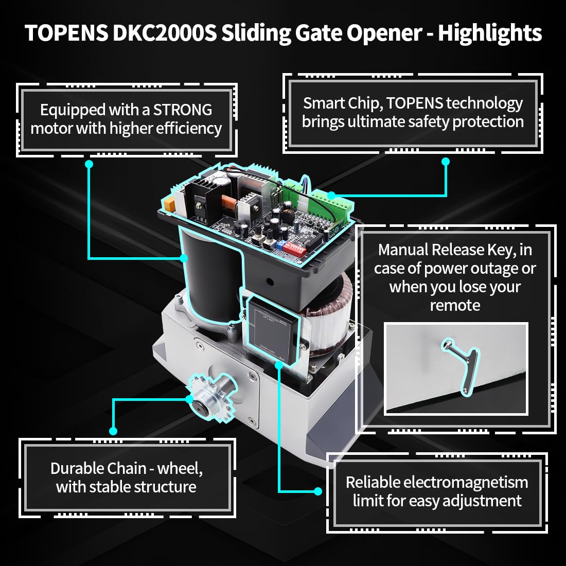 TOPENS DKC2000S Solar Sliding Gate Opener Chain Drive Automatic Gate Motor for Heavy Driveway Slide Gates Up to 4400 Pounds, Electric Gate Operator