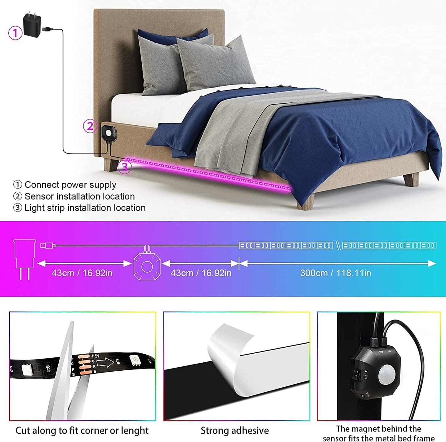 Auplf Motion Activated Under Bed Lights, 9.84ft 5050 RGB Color Changing LED Strip Lights with Sensor, APP Control and Music Sync, Dimmable Night Light