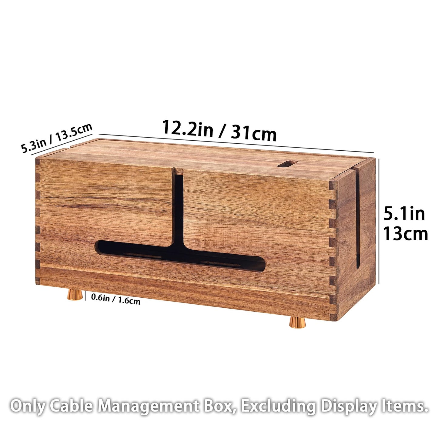 SARUFO Acacia Wood Cable Management Box - Wooden Cord Hider with 4 Metal Feet, Organizer for Desk & Floor, Power Strip TV Wire Concealer, Under Desk