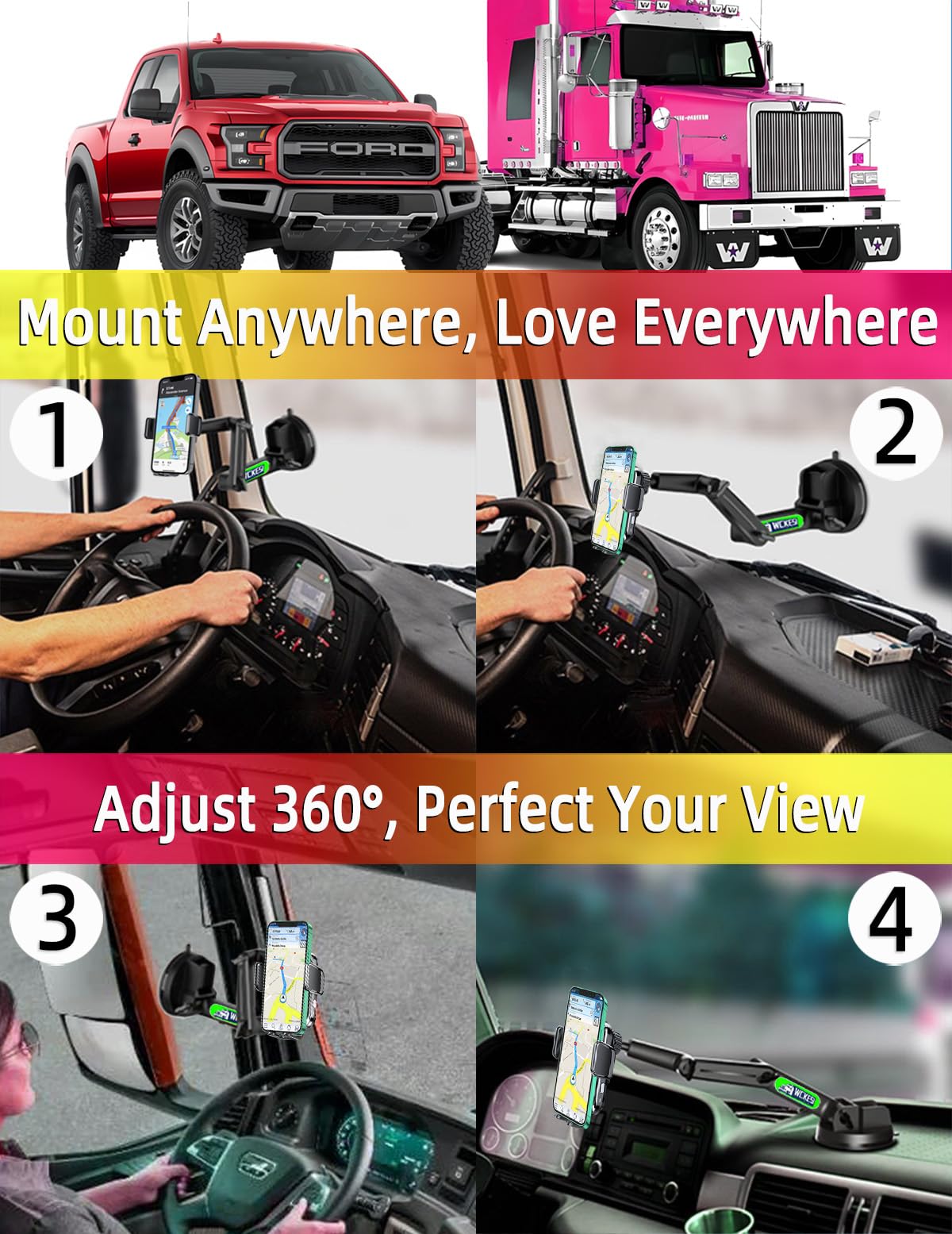 WCKESI Wireless Car Charger Phone Holder Mount for Truck, 15W Fast Charging ?15 inch Long Arm? Heavy Duty Phone Holders for Your Car Windshield