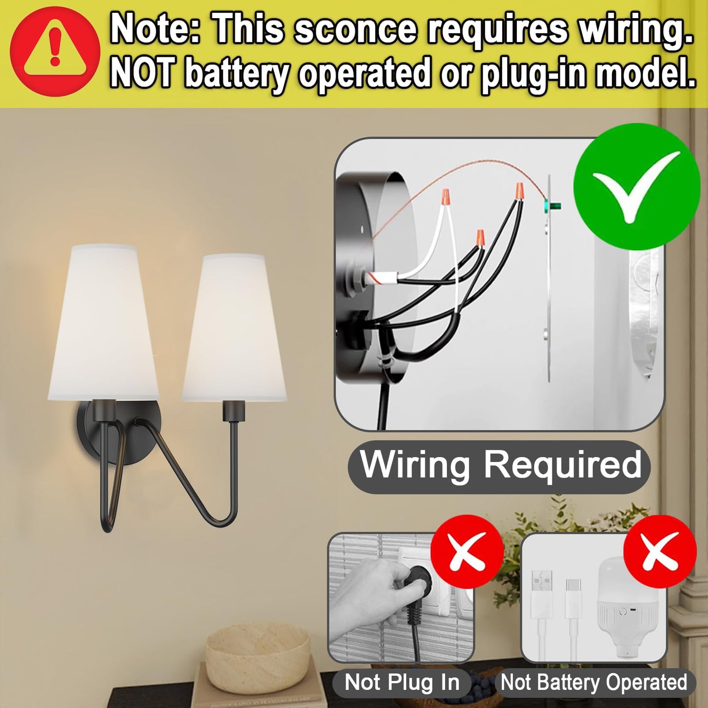 Electro bp;Double Head Classic 2 Lights Wall Sconces Lighting Fixture Black with Cream White Linen Fabric Lamp Shades E12 80W Hardwired;