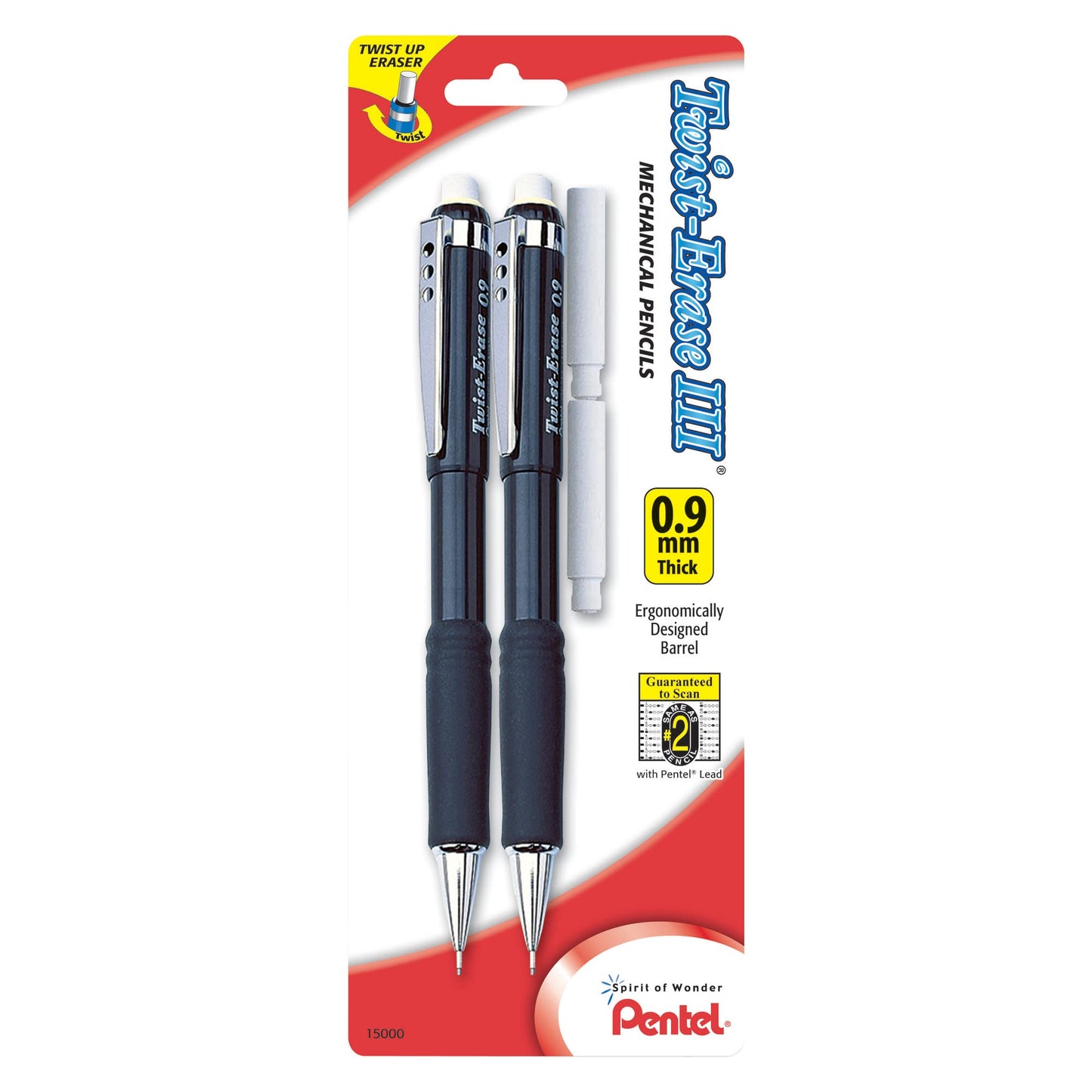 Pentel Twist-Erase III Mechanical Pencil, (0.9mm), Assorted Barrel Colors with 2 Eraser Refills, Pack of 2 (QE519BP2-K6)