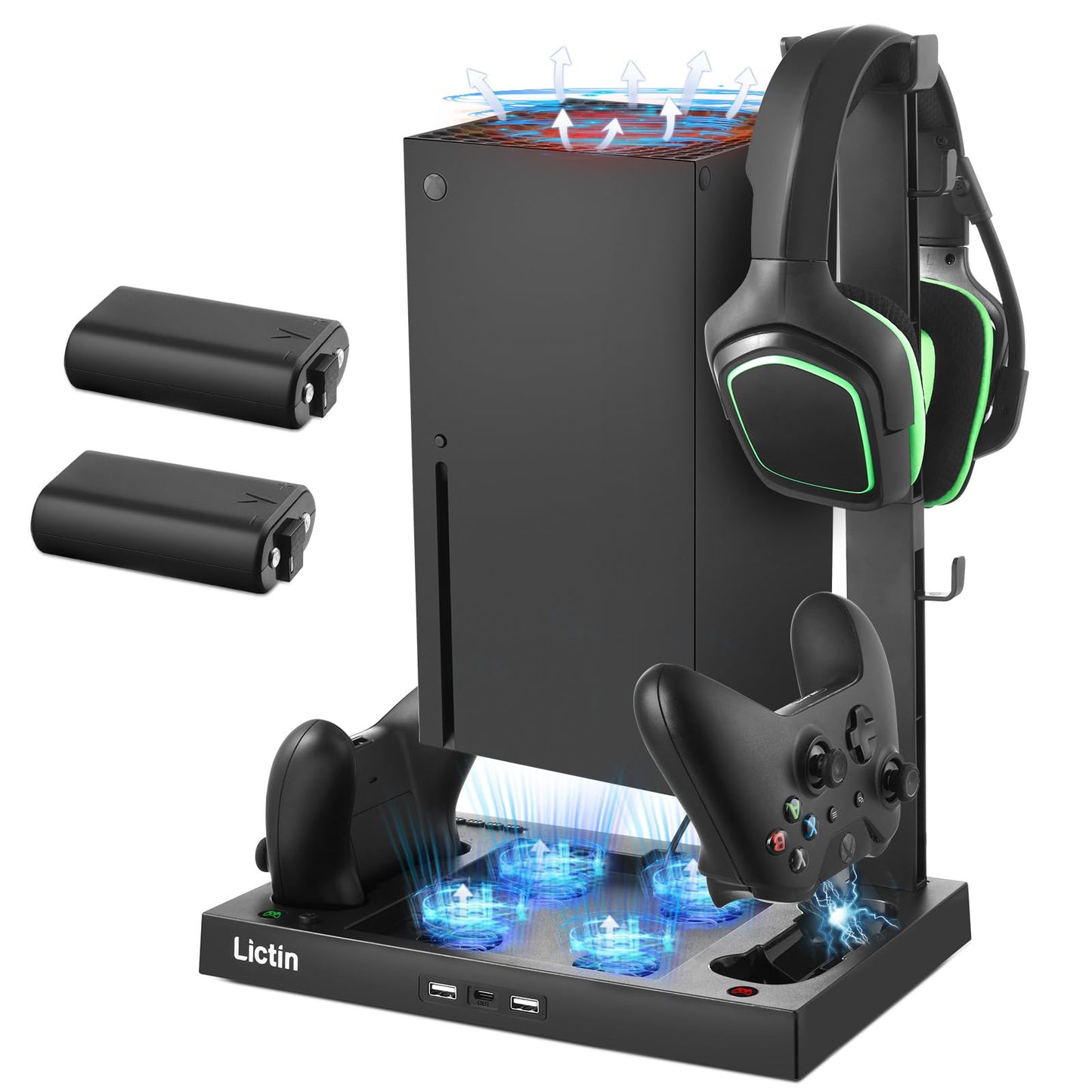 Lictin Cooling Fan Charging Station for Xbox Series X Console & Controller, Upgraded 4 Cooler Fan System Stand, Vertical Dual Charger Station Dock