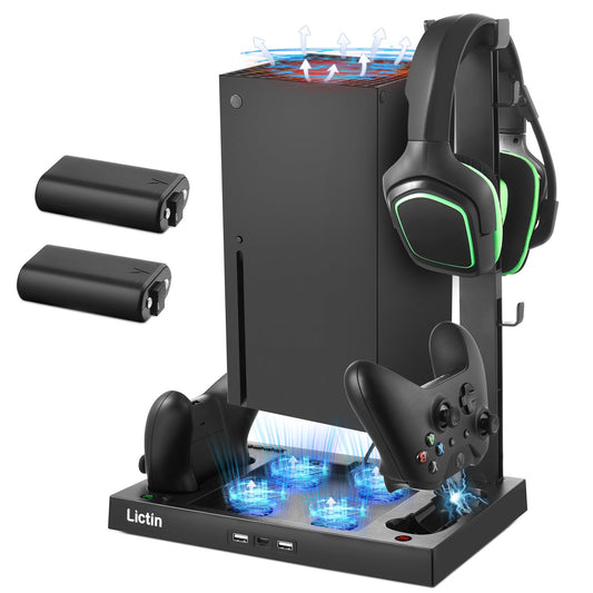 Lictin Cooling Fan Charging Station for Xbox Series X Console & Controller, Upgraded 4 Cooler Fan System Stand, Vertical Dual Charger Station Dock