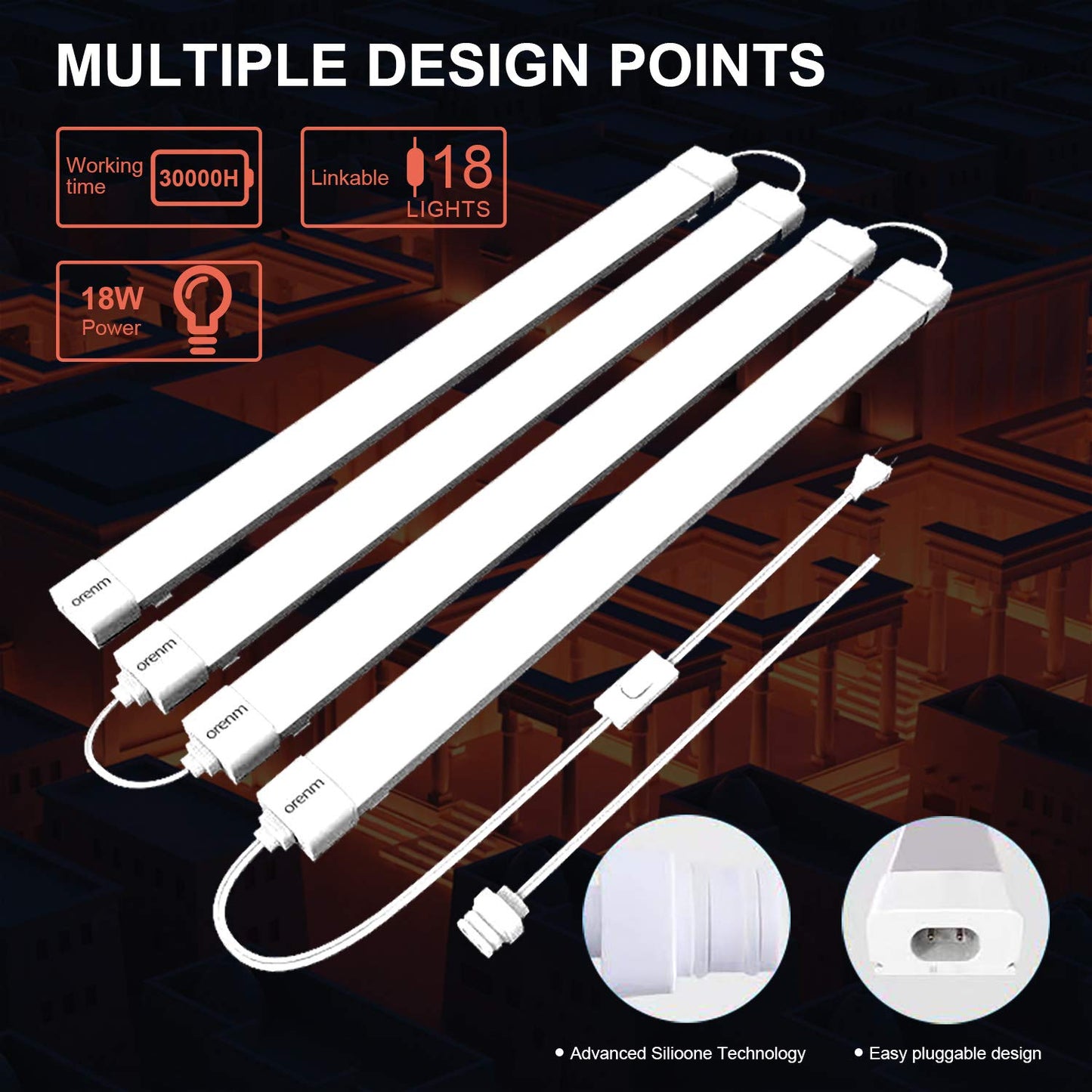 orenm Plug and Play Linkable Waterproof LED Tube Light 2FT 18W 5000K with Switch Cord Easy Installed on Ceiling or Wall Without Wiring for LED Garage