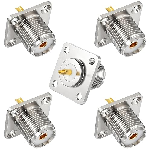 SO239 UHF Female Chassis Mount, 5 Pack 4-Hole Flange Panel Mount with Solder Cup for PL259 Male Plug, Compatible with Ham Radio, CB Radio & Coaxial