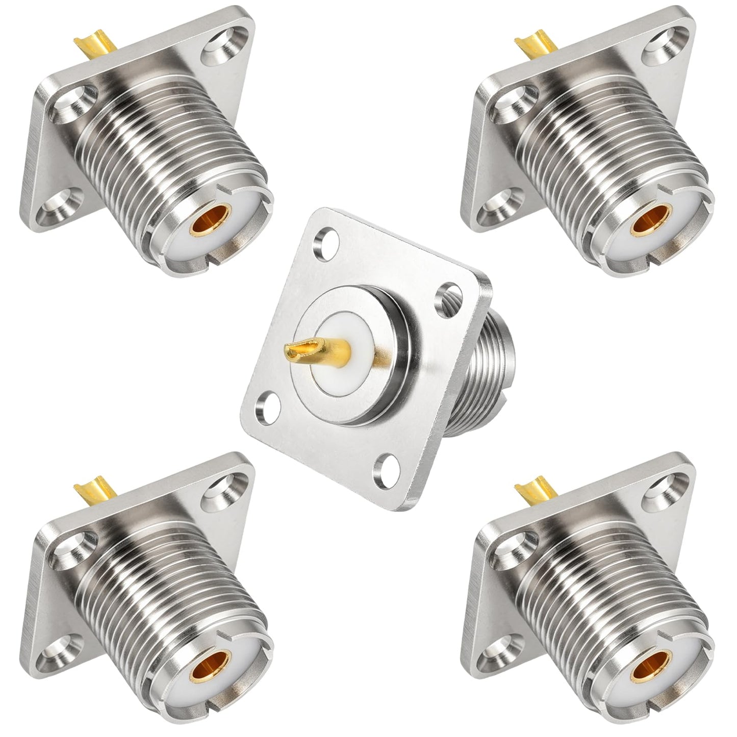 SO239 UHF Female Chassis Mount, 5 Pack 4-Hole Flange Panel Mount with Solder Cup for PL259 Male Plug, Compatible with Ham Radio, CB Radio & Coaxial