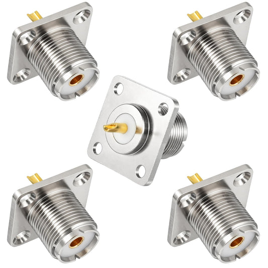 SO239 UHF Female Chassis Mount, 5 Pack 4-Hole Flange Panel Mount with Solder Cup for PL259 Male Plug, Compatible with Ham Radio, CB Radio & Coaxial