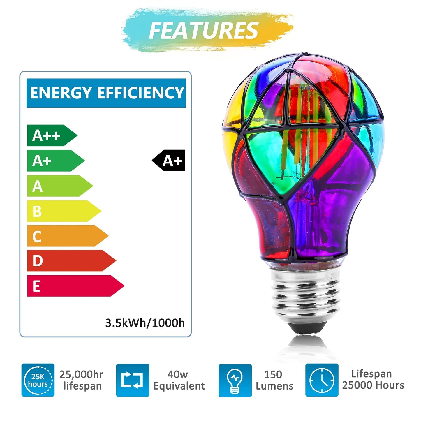 Kitmose Stained Glass Light Bulbs E26 3.5W LED Edison Light Bulb A60 4 Pack