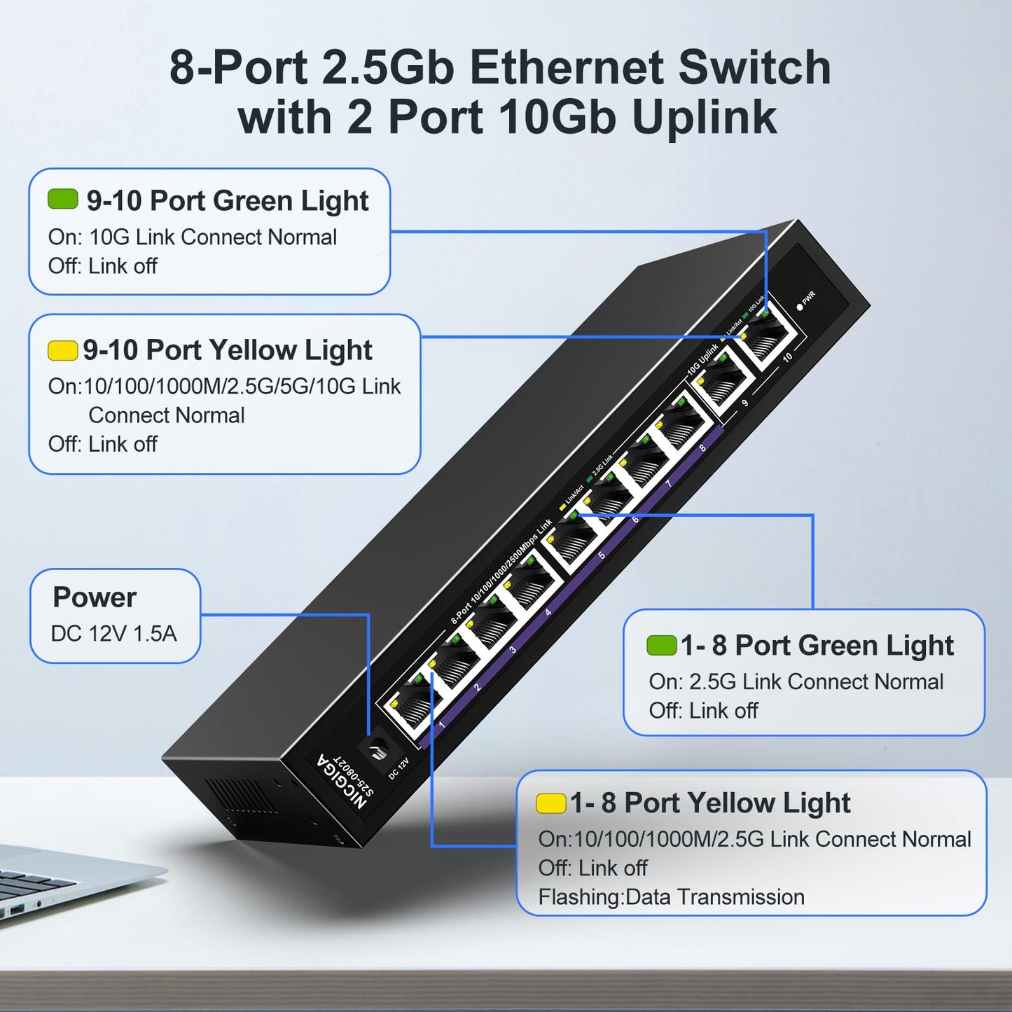 10Gbe Ethernet Switch Unmanaged with 2 x 10Gb RJ45 Ports ? 8 x 2.5Gb Base-T Ports, Desktop/Wall Mount NICGIGA 10 Port 10Gbps Network Switch