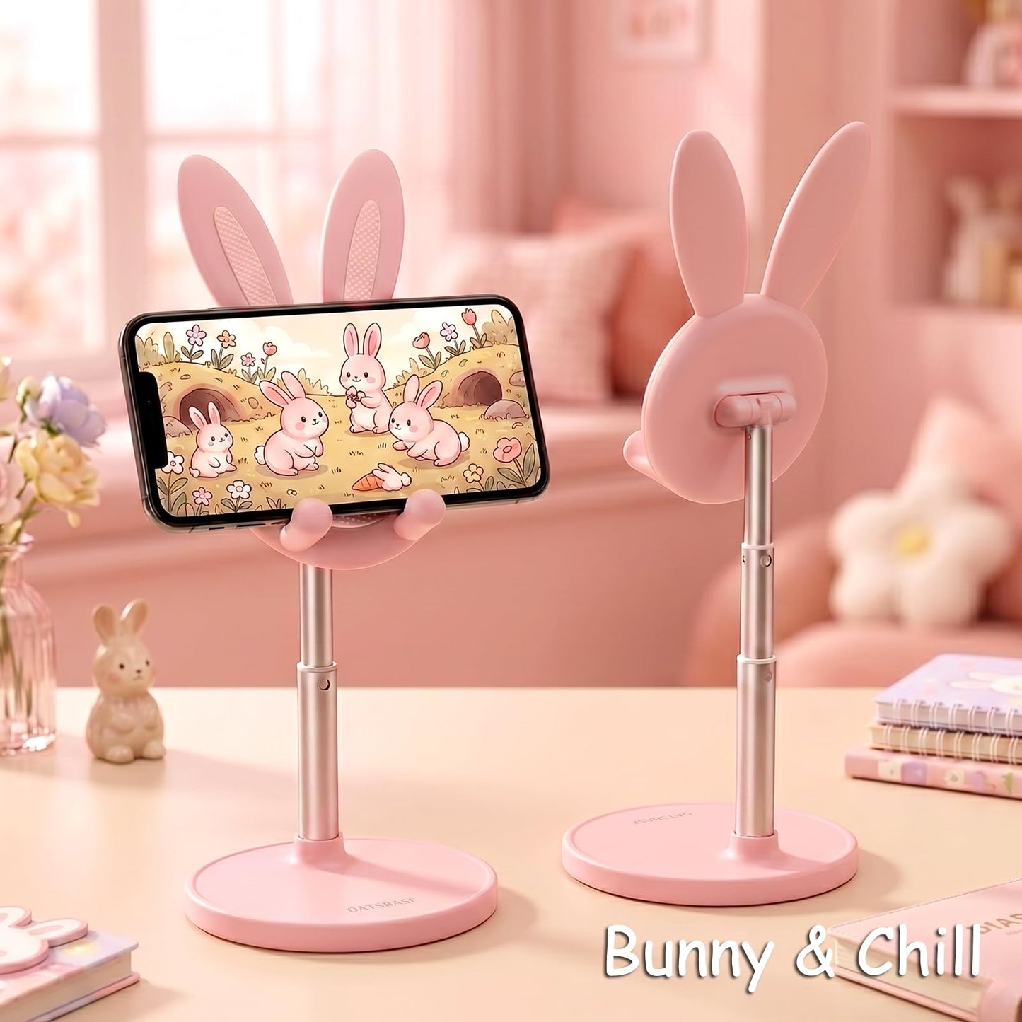 OATSBASF Cute Bunny Phone Stand, Adjustable Pink Cell Phone Holder for Desk, Weighted Base Kawaii Desk Accessories, Aesthetic Room Decor Gift