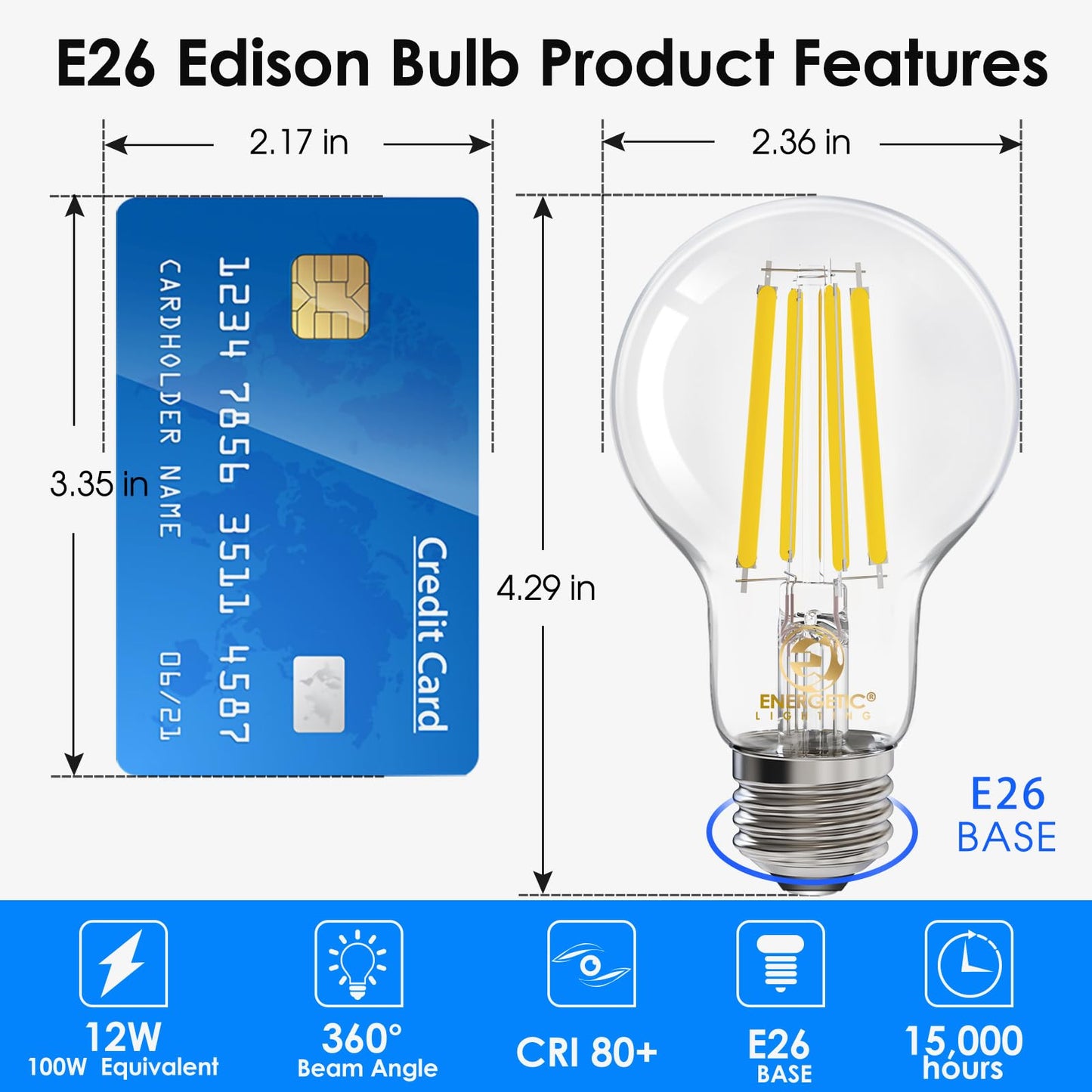 Energetic Dimmable A19 LED Edison Light Bulb, 12W Equivalent 100W, 1600LM High Brightness, 5000K Daylight, Clear Antique LED Filament Bulb for Home