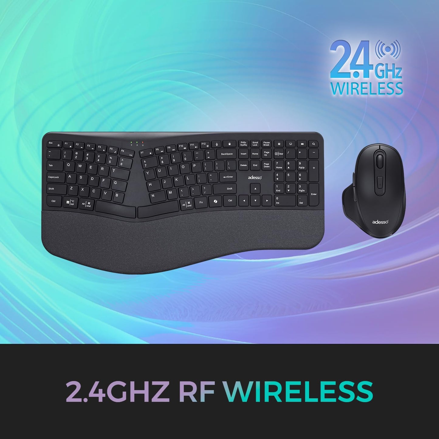 Adesso WKB-7500CB Wireless Ergonomic Keyboard and Mouse Combo with Copilot AI Hotkey Scissor Switch Keys Split Keyframe Design Adjustable DPI Optical