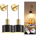 NIORSUN Battery Operated Wall Sconce Set of 2, Gold & Black Wireless Rechargeable Wall Lights with 5200mAh Dimmable Detachable Bulbs and Remote, 9