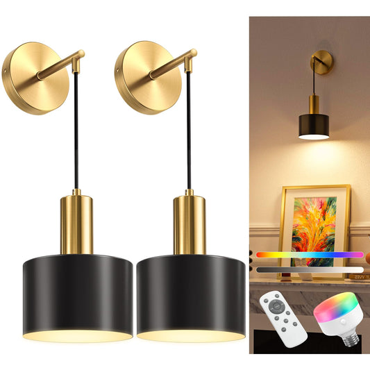 NIORSUN Battery Operated Wall Sconce Set of 2, Gold & Black Wireless Rechargeable Wall Lights with 5200mAh Dimmable Detachable Bulbs and Remote, 9