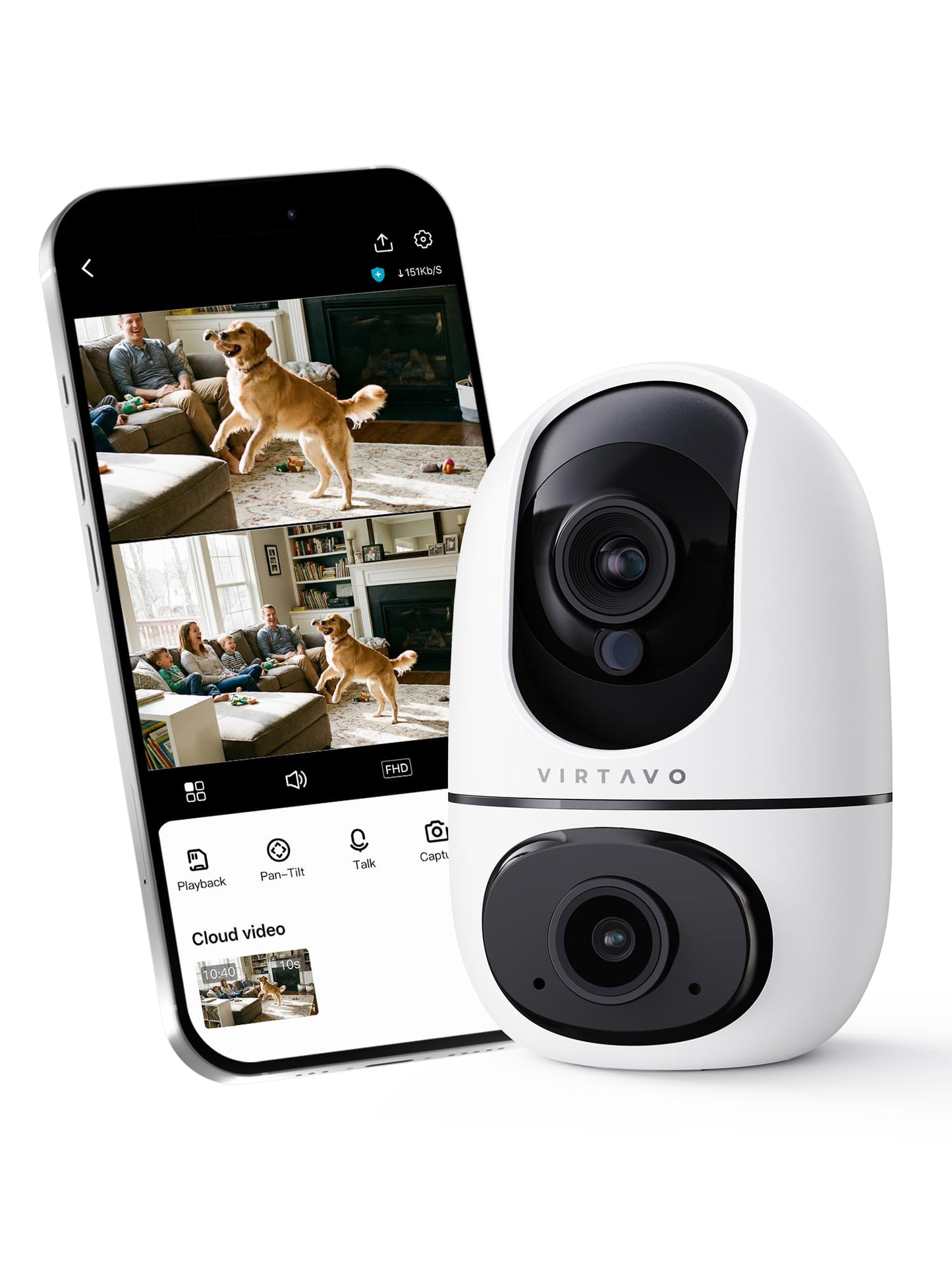 VIRTAVO XD1 Indoor Security WiFi Camera, No Subscription Required, Dual-Lens 360° PTZ Baby Monitor & Pet Cam, Motion Tracking, 2-Way Audio, Night