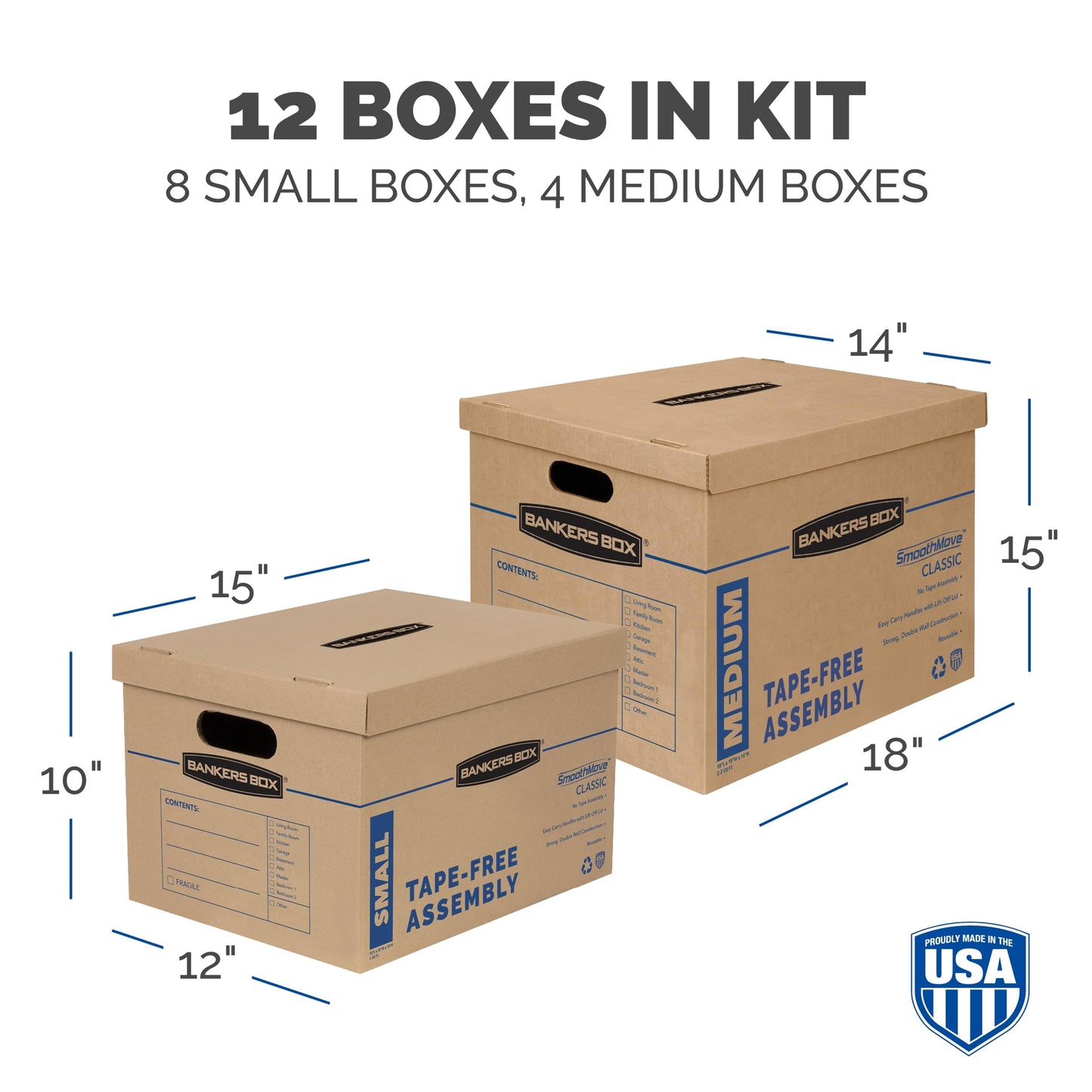 Bankers Box Classic Moving Box 12 Pack Kit, Reinforced Handles, Tape-Free Assembly, Box with Lid, 8 Small and 4 Medium Boxes (7716401)