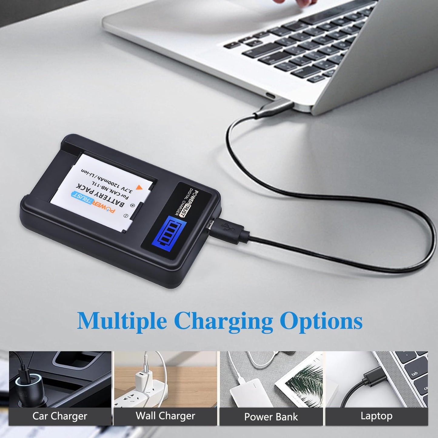 PowerTrust 2 Pack 3.7v NB-11L Replacement Battery and NB-11LH LCD USB Charger for Canon PowerShot A2300 IS, A2400 IS, A2500, A2600, A3400 IS, A3500