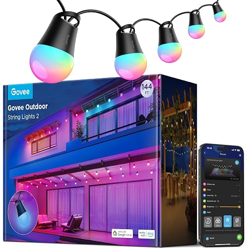 Govee Smart Outdoor String Lights 2, 144ft Outdoor Lights with Dimmable Warm White LED Bulbs, 47 Scene Modes for Patio, Backyard, Balcony, IP65