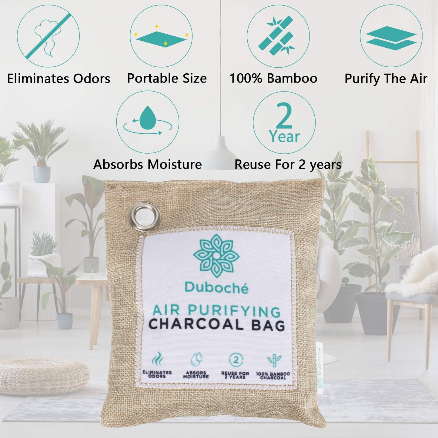 Duboché Bamboo Charcoal Bags for , 8 Pack, Natural Air Purifying Bundle with S Hooks, Moisture Absorbent Odor Eliminator for Gym Bags, Car, Shoes