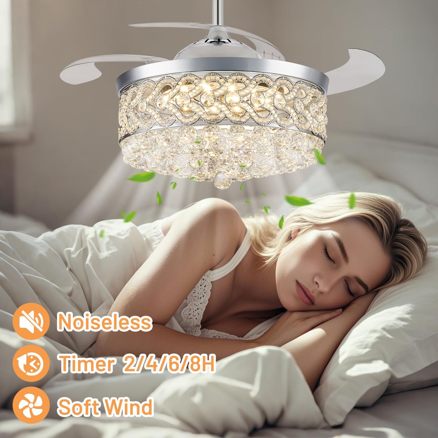 48 Inch Fandelier Ceiling Fan with Lights Crystal Fandaliers Ceiling Fan with Remote Dimmable 500-6500K Retractable Blades Fan Chandelier Fan
