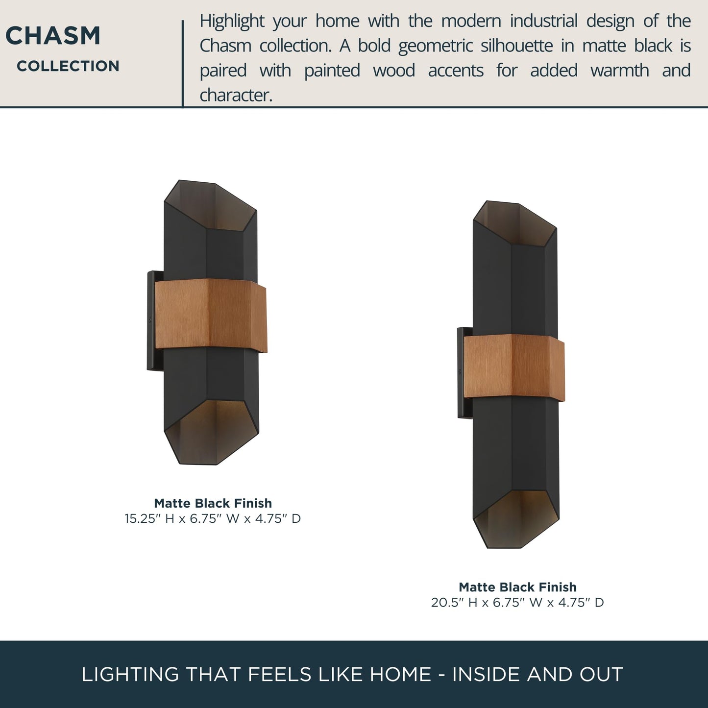 Quoizel Chasm Modern Outdoor Wall Lantern, 15 Inch Geometric Coastal Armour Matte Black Wall Sconce, Painted Wood Band Accent, 12W Integrated LED