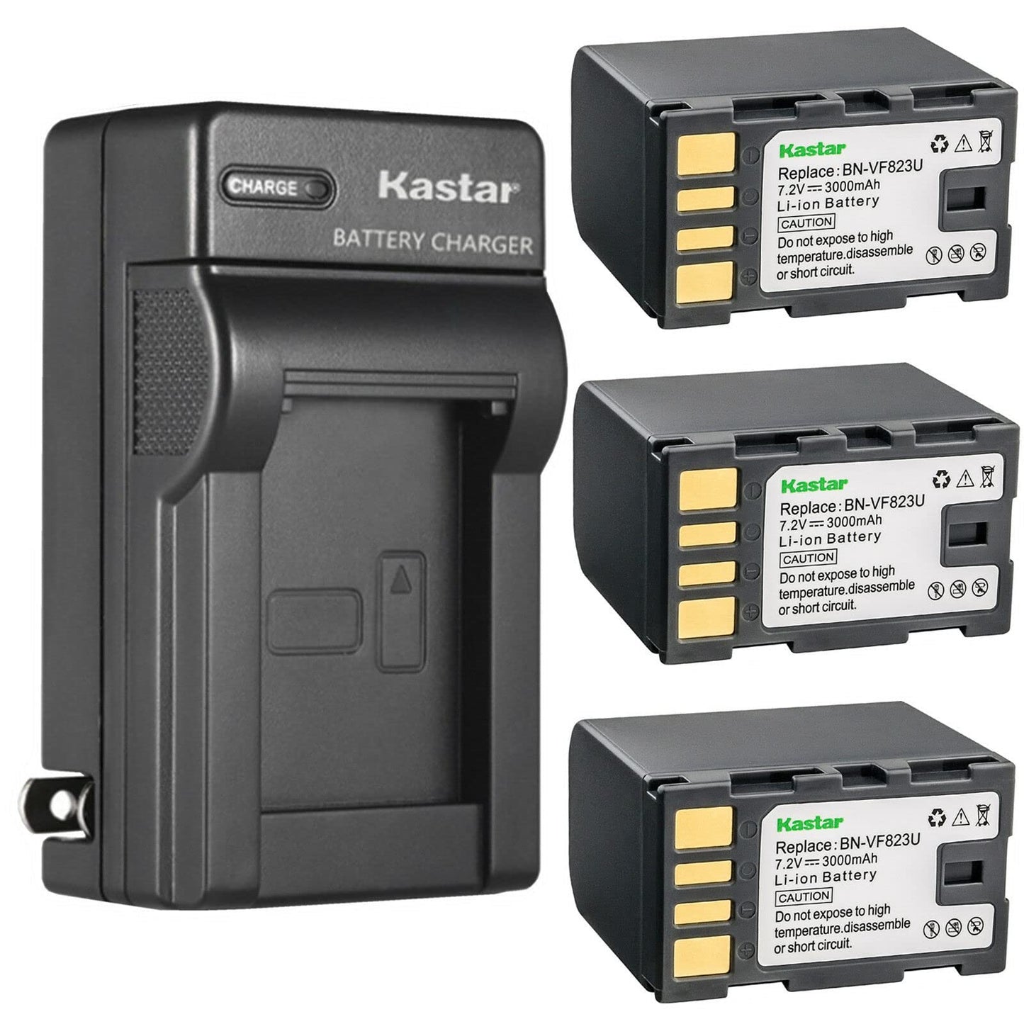 Kastar 3-Pack Battery and AC Wall Charger Replacement for JVC GZ-MS120AUS GZ-MS120B GZ-MS120BUS GZ-MS120R GZ-MS120RUS GZ-MS123 GZ-MS130 GZ-MS130A